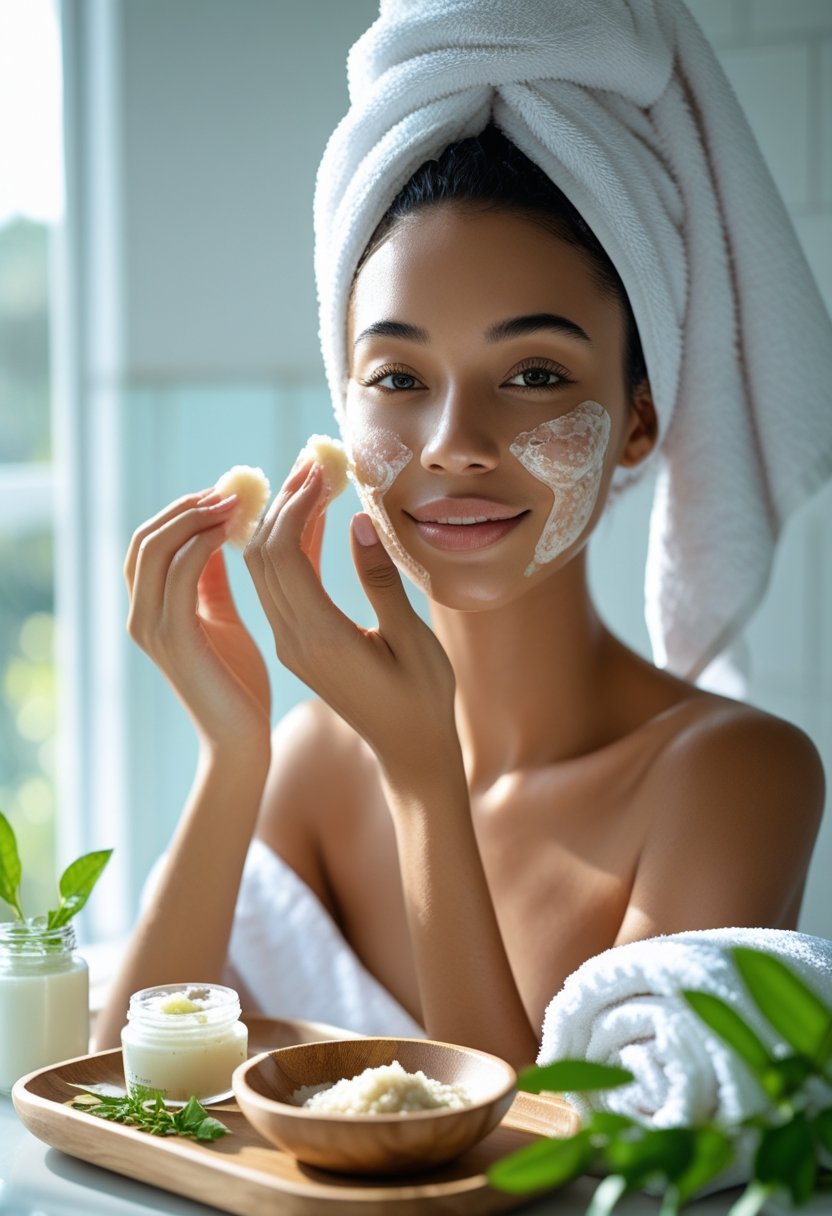 A young woman gently exfoliating her face with a natural scrub in a bright bathroom with skincare products and greenery nearby.